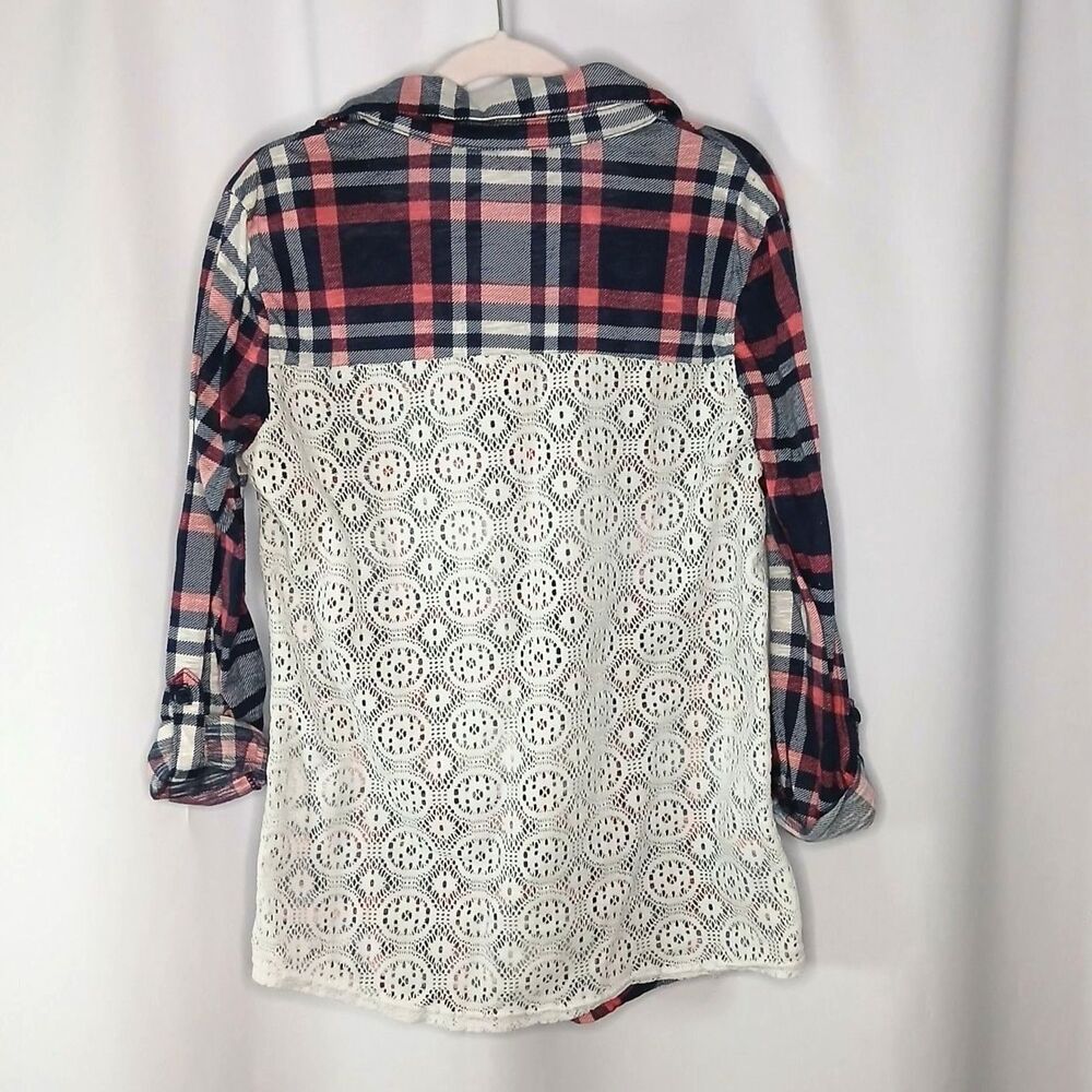 Nobo No Boundaries Lace Flannel Shirt Roll Tab Slve Button Top Youth Girls Small